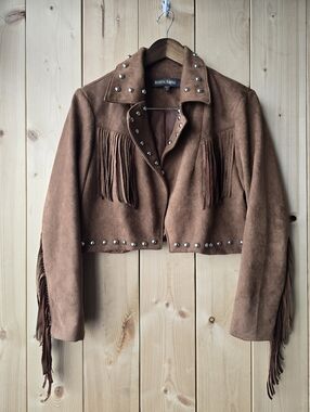 Reserve Fairfax Western Fringe Faux Suede Cropped Brown Jacket Small